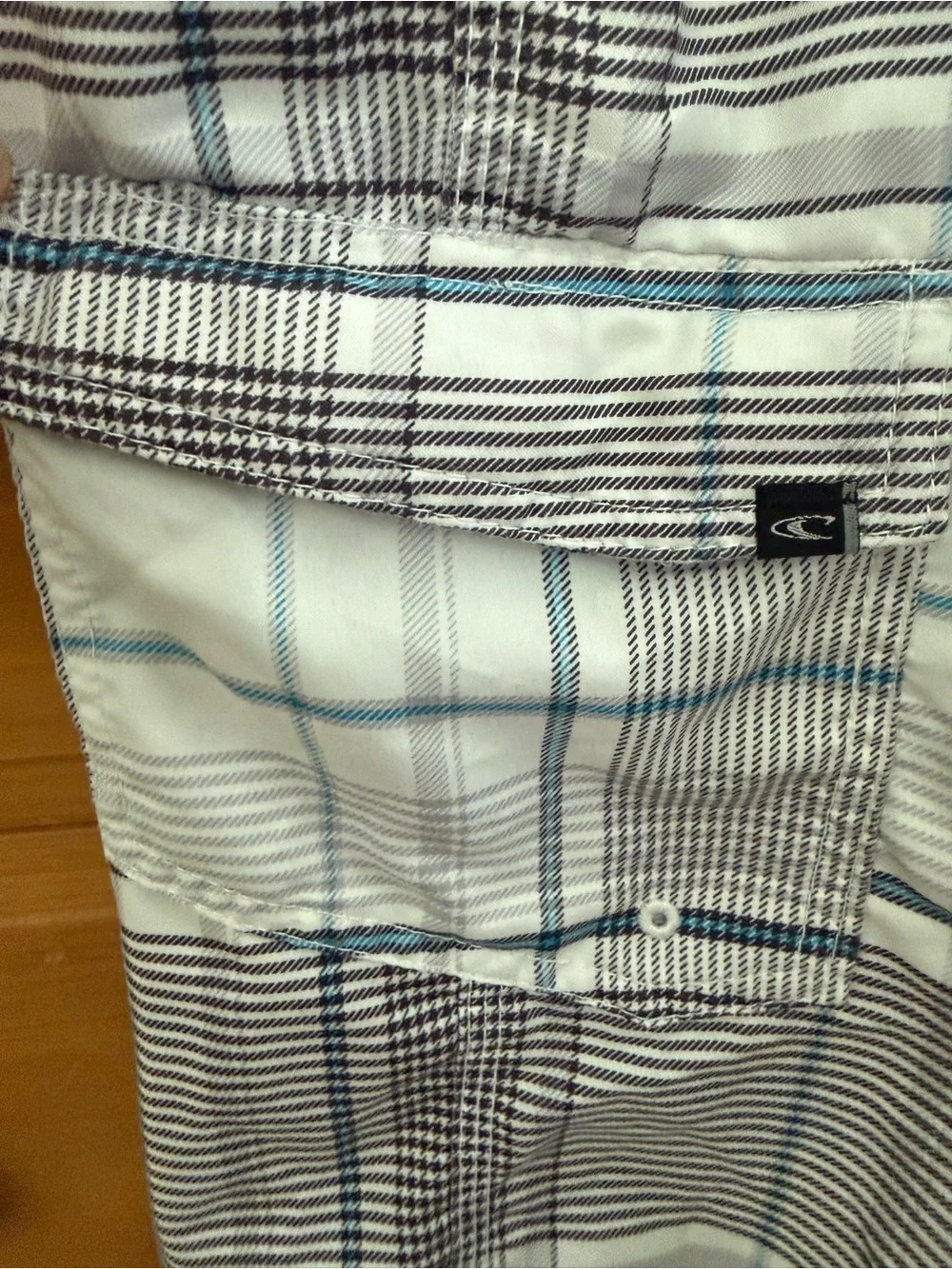 O'Neill Men’s White Plaid Swim Board Shorts with Gray, Black and Light Blue